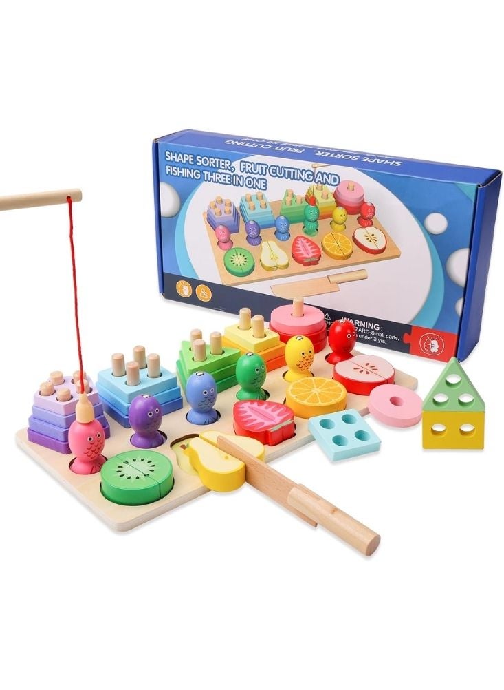 Premium Wooden Fruit Cutting & Fishing Game Board Toy with Magnetic Rod, Shape Sorting Pieces & Pretend Play Accessories – Montessori Learning Toy - Image 1